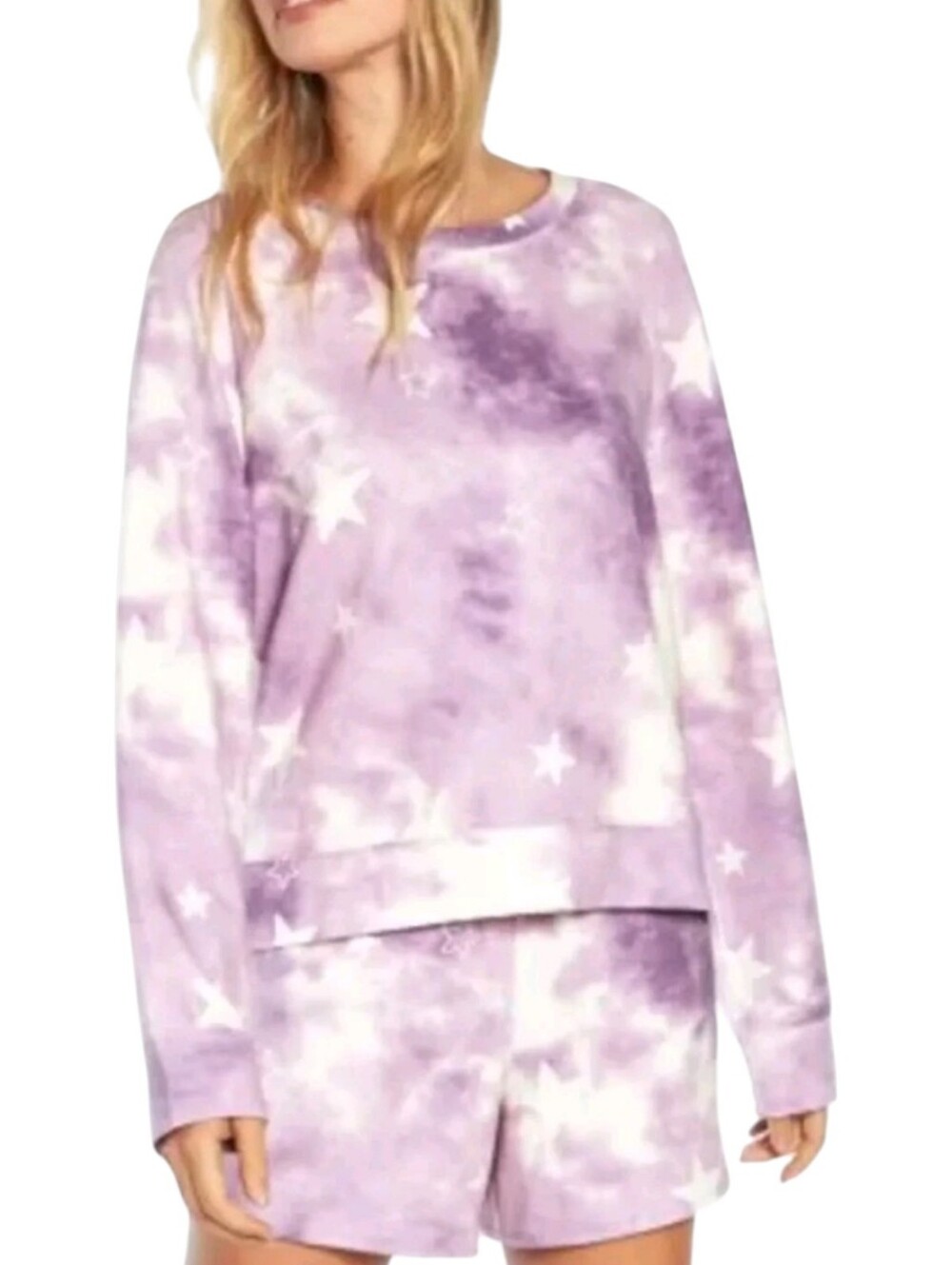 WILDFOX WOMEN'S TIE-DYE STARS SWEATSHIRT AND SHORT LOUNGE SET SIZE L